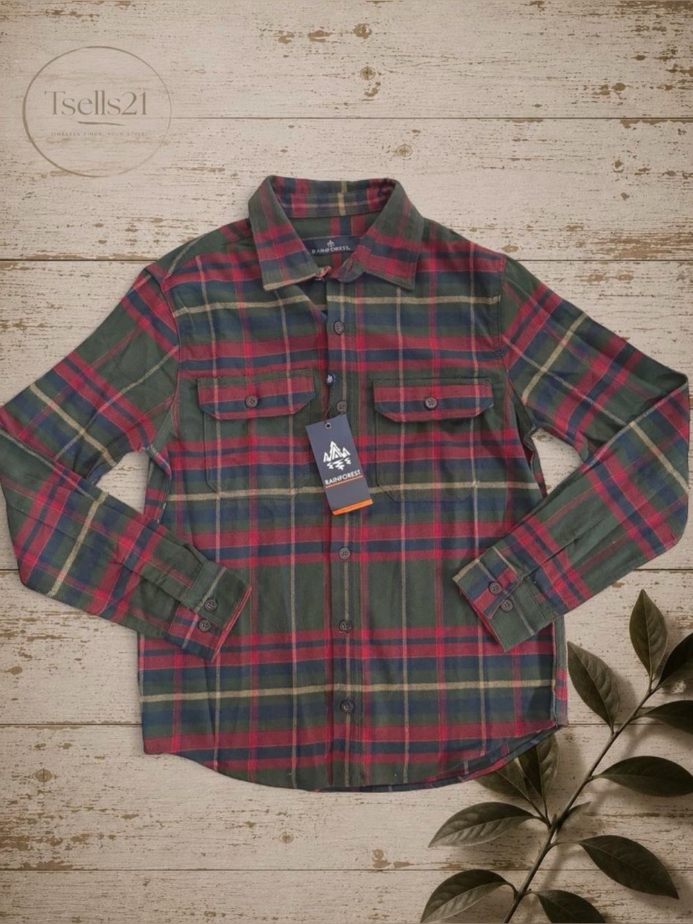 NWT Rainforest Men’s Green & Red 100% Cotton Plaid Flannel Shirt - Size S